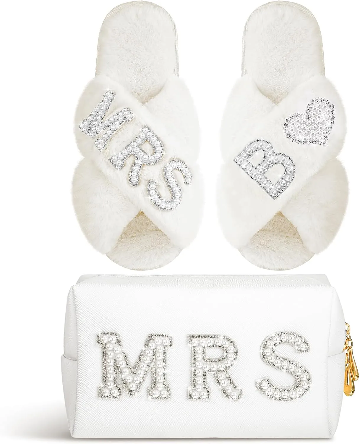 Xtinmee Personalized Initial Wedding Bride Slippers MRS Pearl Letter Makeup Bag Bridal Shower Gifts for Wedding Day (B)