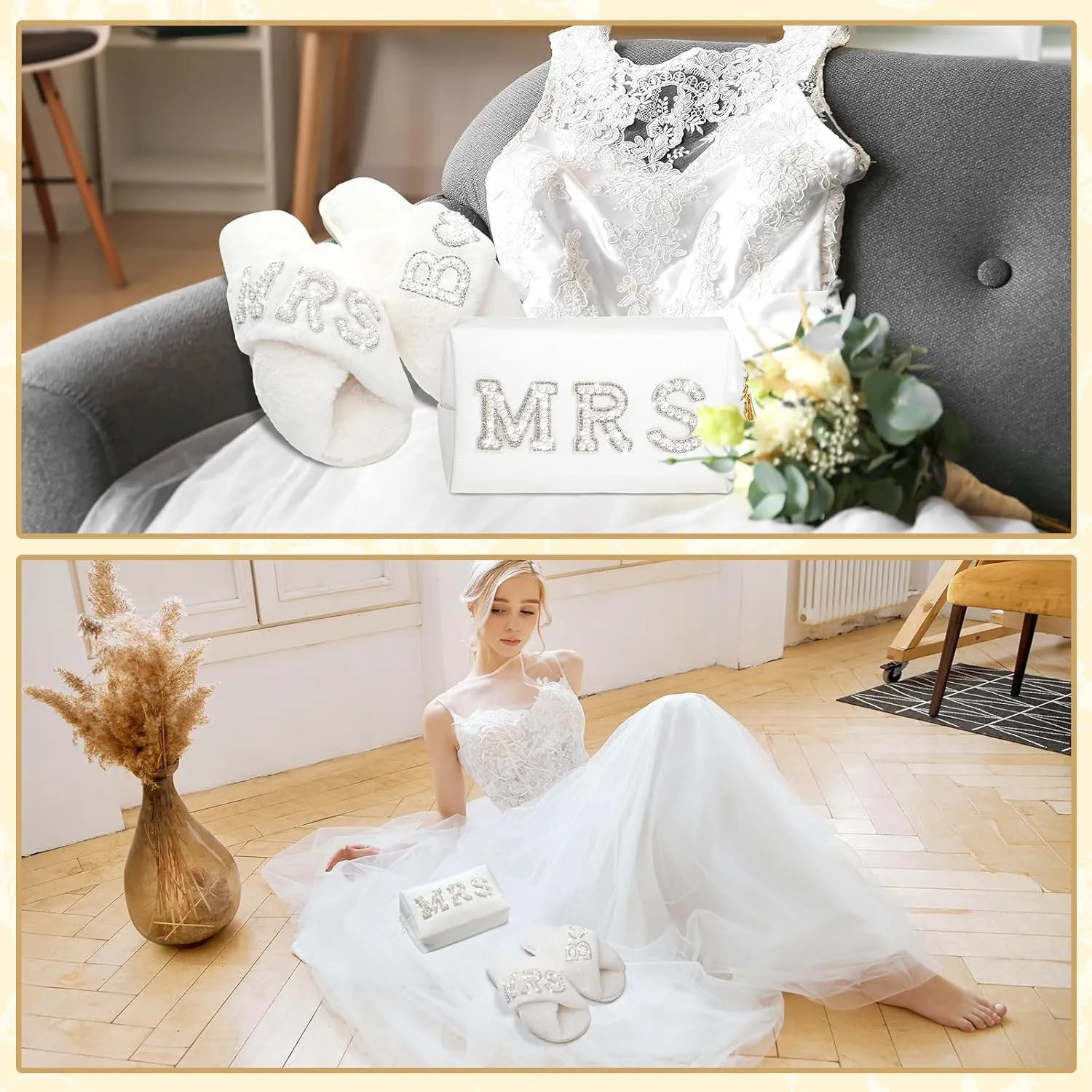 Xtinmee Personalized Initial Wedding Bride Slippers MRS Pearl Letter Makeup Bag Bridal Shower Gifts for Wedding Day (B)