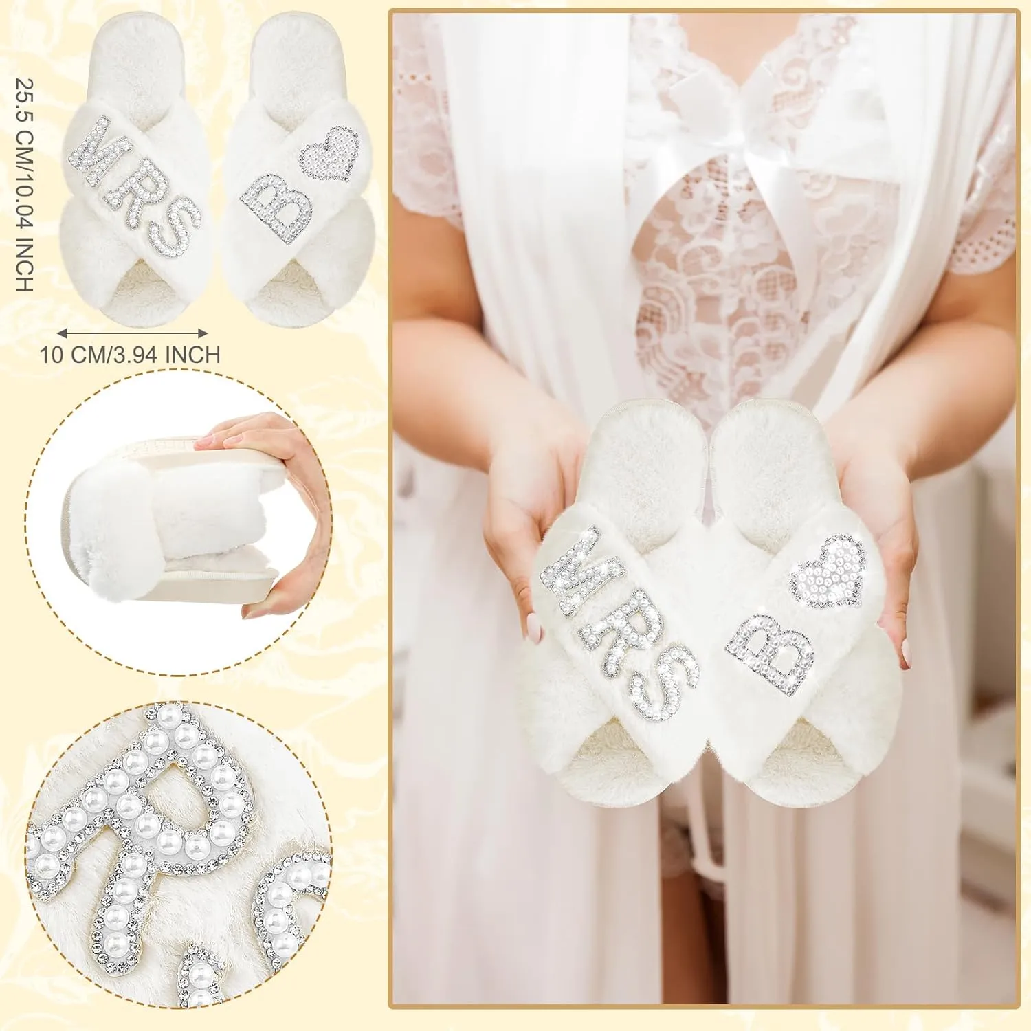 Xtinmee Personalized Initial Wedding Bride Slippers MRS Pearl Letter Makeup Bag Bridal Shower Gifts for Wedding Day (B)
