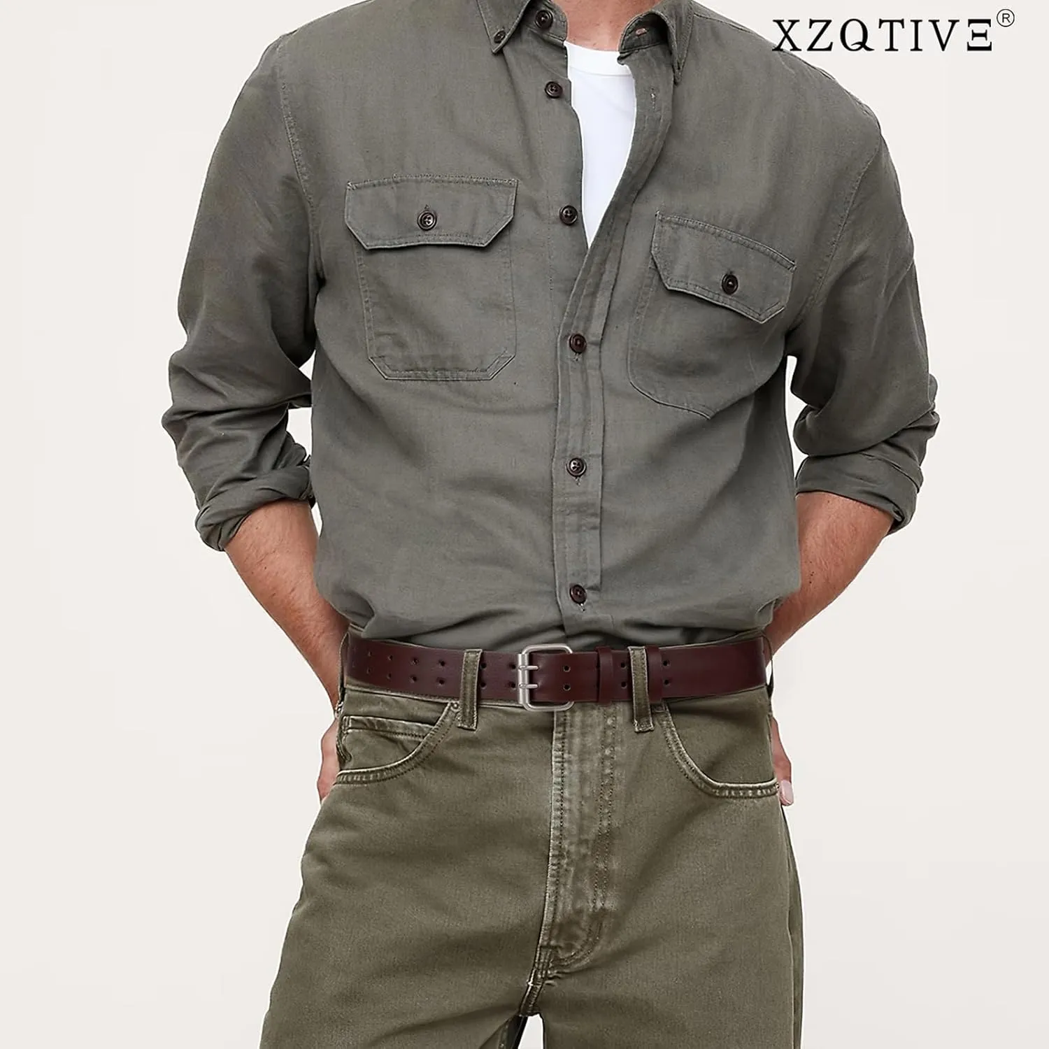 XZQTIVE Men Dual Holes Belt For Jean Pant Casual Leather Belts With Double Prong Buckle