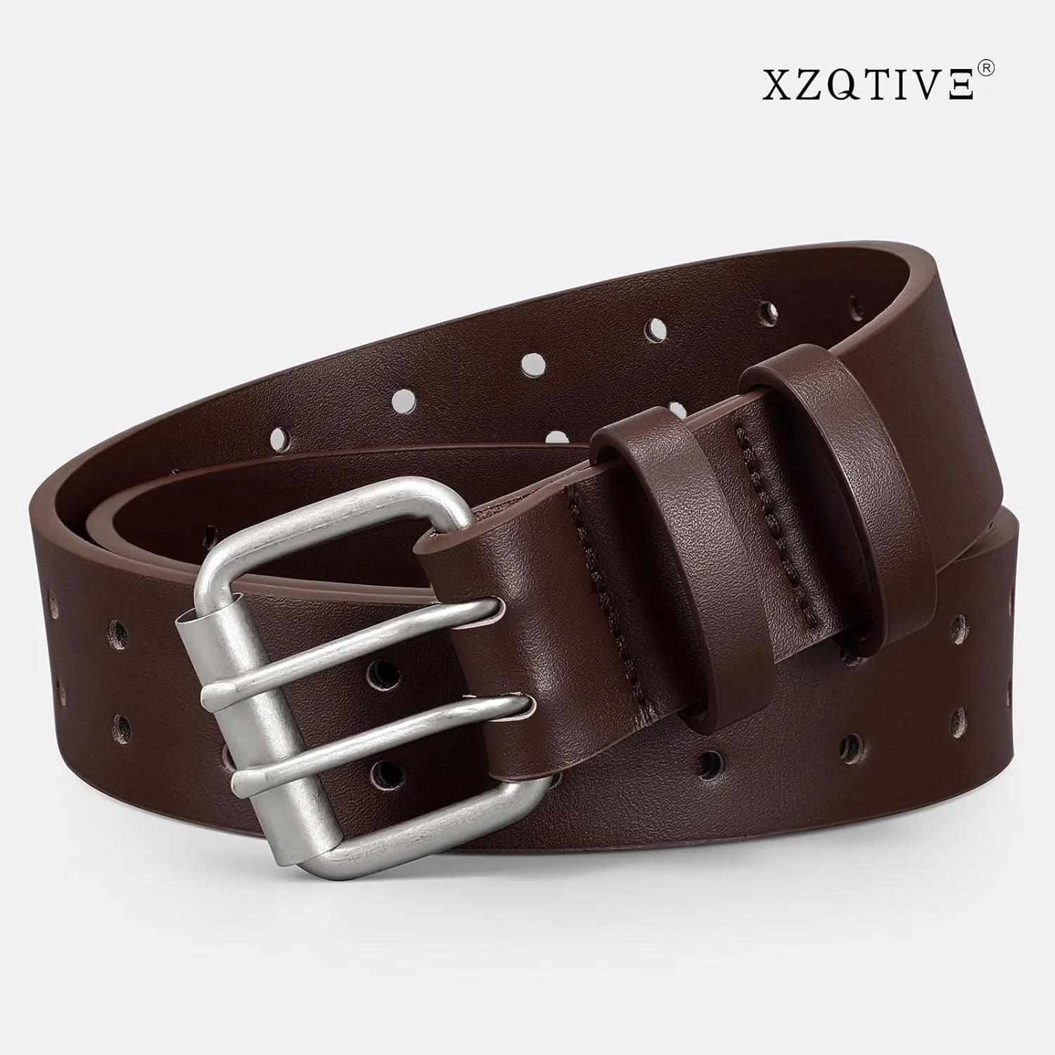 XZQTIVE Men Dual Holes Belt For Jean Pant Casual Leather Belts With Double Prong Buckle