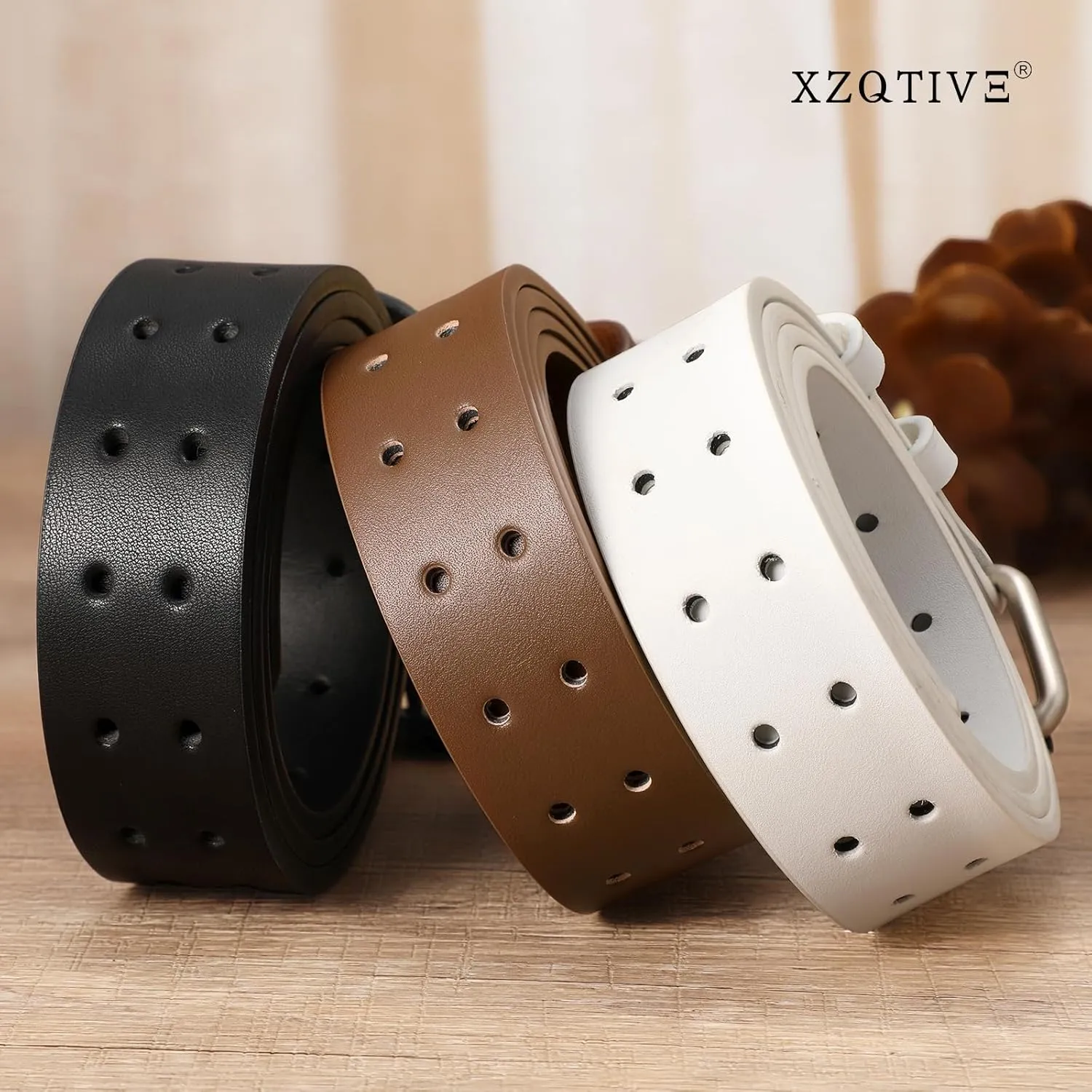 XZQTIVE Men Dual Holes Belt For Jean Pant Casual Leather Belts With Double Prong Buckle