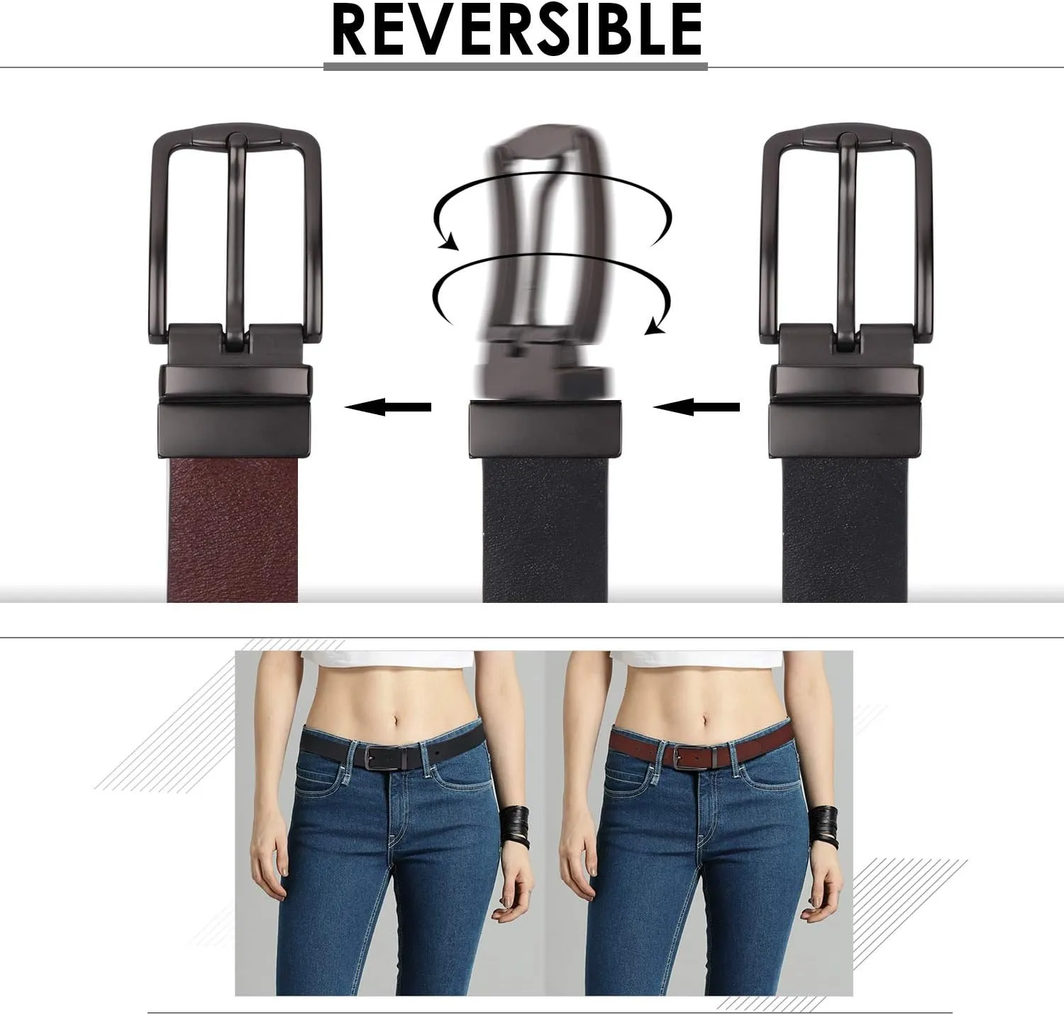 XZQTIVE Reversible Leather Belts for Women with Rotated Metal Buckle Fashion Women Belts