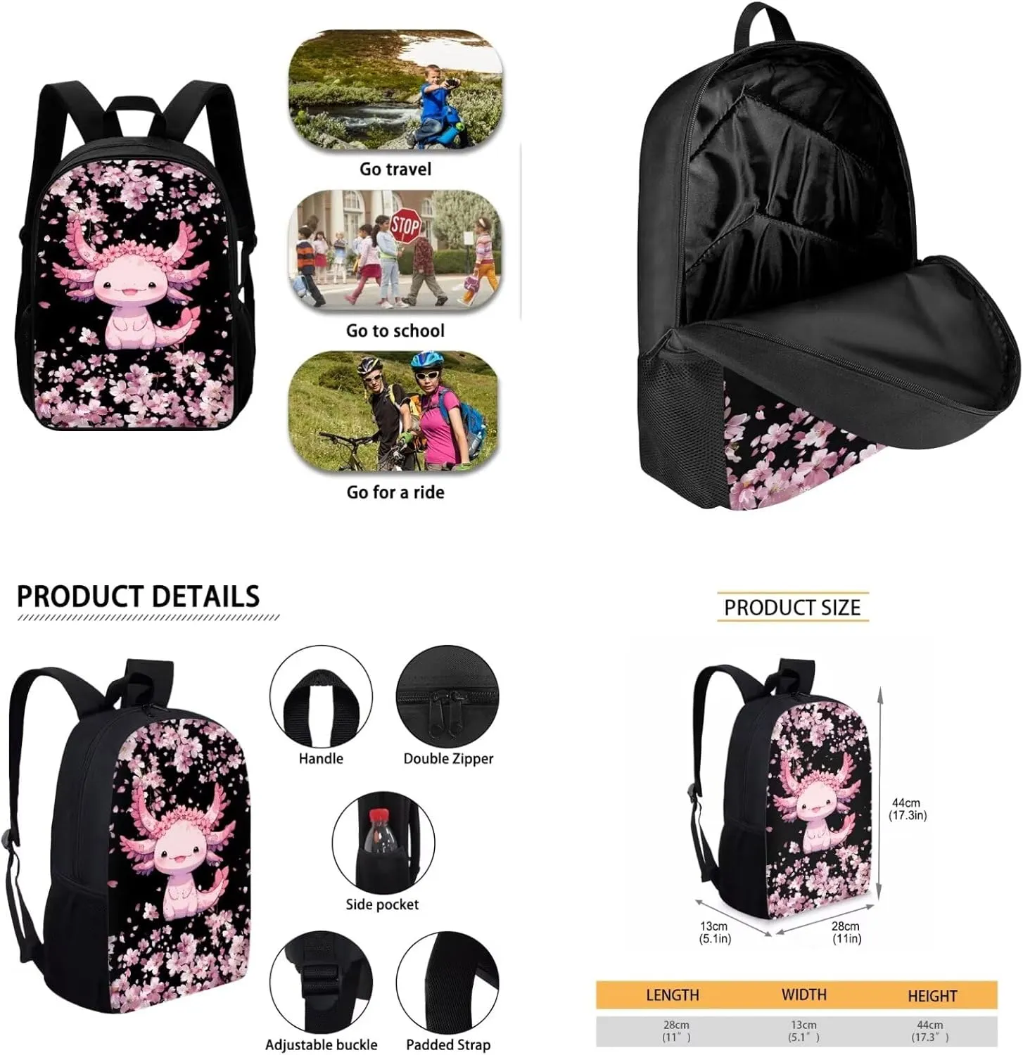 Ystardream Cute Axolotl Backpacks for Girls 10-12 for School with Lunch Box 4 Pcs Book Bag with Pen Holder Elemenatry Middle Back Packs Schoolbag for Kids Daypack Laptop Bags Cherry Blossom