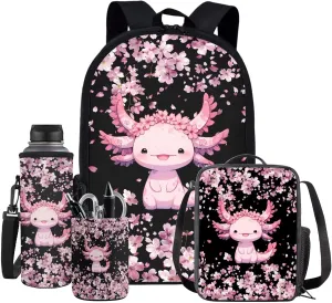 Ystardream Cute Axolotl Backpacks for Girls 10-12 for School with Lunch Box 4 Pcs Book Bag with Pen Holder Elemenatry Middle Back Packs Schoolbag for Kids Daypack Laptop Bags Cherry Blossom