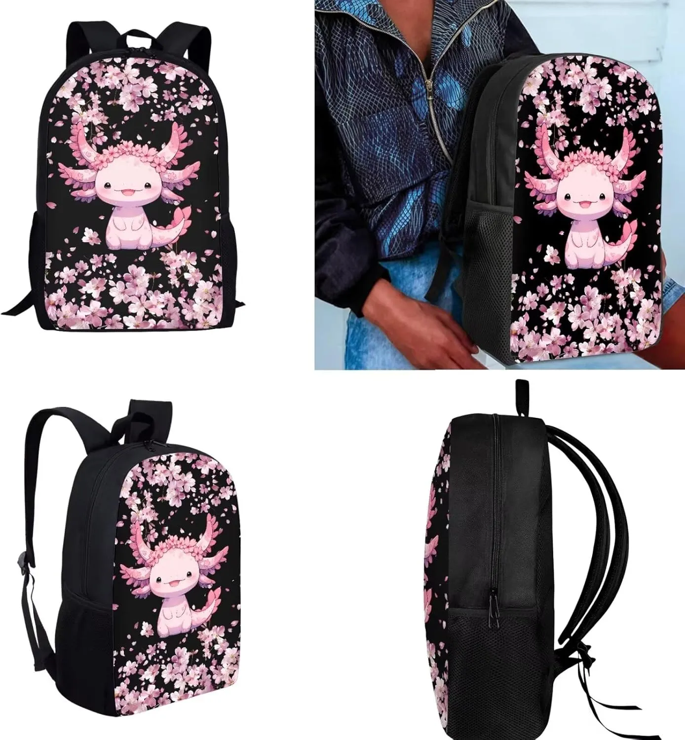 Ystardream Cute Axolotl Backpacks for Girls 10-12 for School with Lunch Box 4 Pcs Book Bag with Pen Holder Elemenatry Middle Back Packs Schoolbag for Kids Daypack Laptop Bags Cherry Blossom