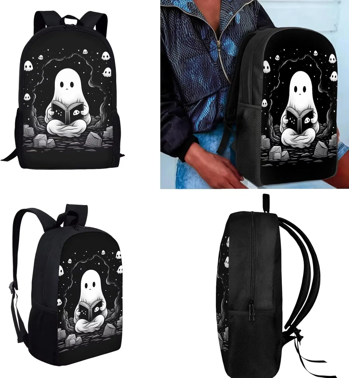 Ystardream Cute Ghost Backpack for Girls Middle School with Lunch Box and Pencil Case Pen Holder Lightweight School Bookbag for Teens Girls Boys 4 in 1 for Kids School Bag Book Bag Set 17 inch
