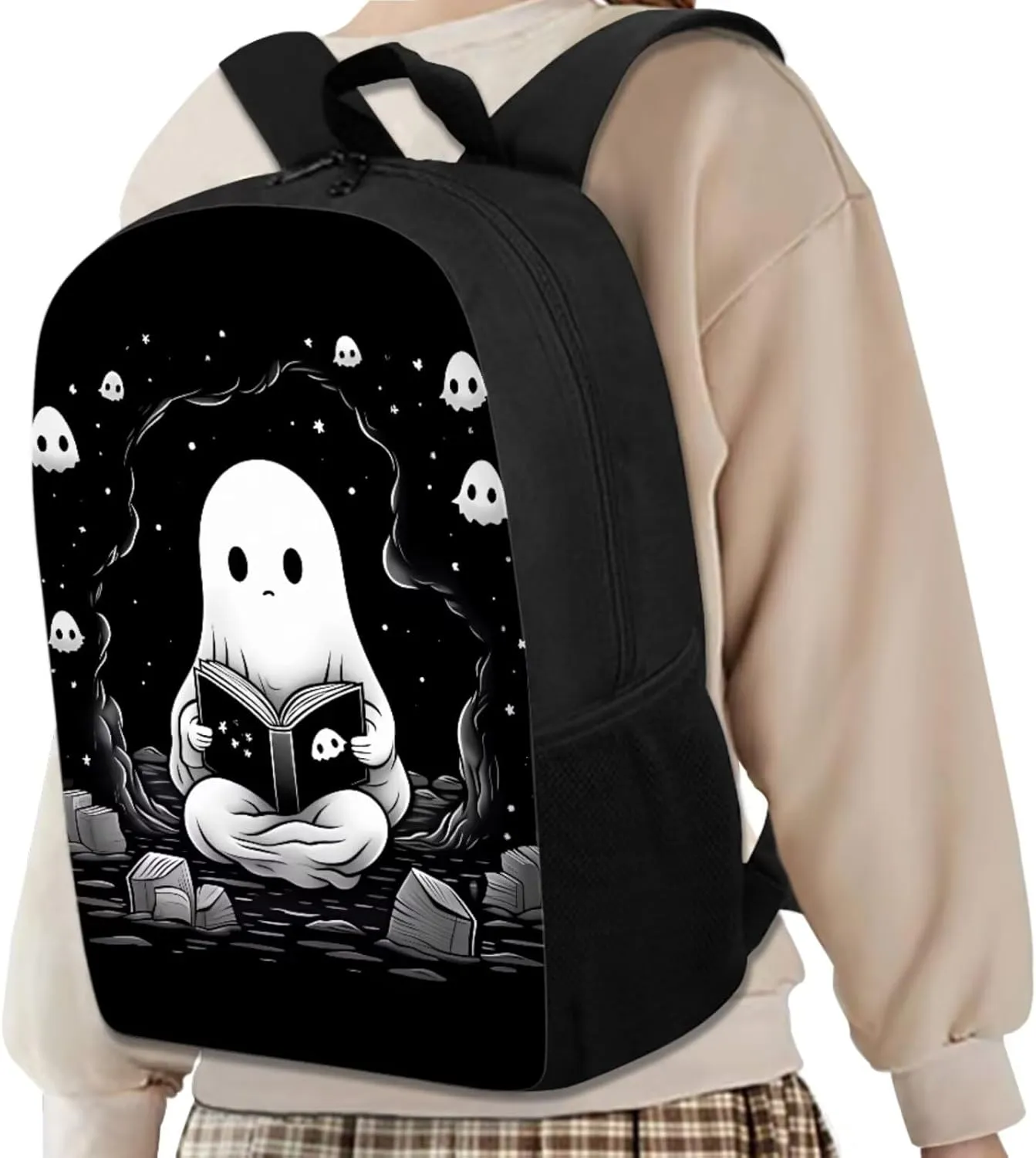 Ystardream Cute Ghost Backpack for Girls Middle School with Lunch Box and Pencil Case Pen Holder Lightweight School Bookbag for Teens Girls Boys 4 in 1 for Kids School Bag Book Bag Set 17 inch