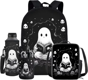 Ystardream Cute Ghost Backpack for Girls Middle School with Lunch Box and Pencil Case Pen Holder Lightweight School Bookbag for Teens Girls Boys 4 in 1 for Kids School Bag Book Bag Set 17 inch