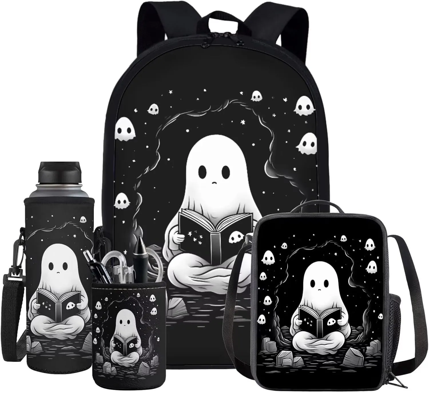 Ystardream Cute Ghost Backpack for Girls Middle School with Lunch Box and Pencil Case Pen Holder Lightweight School Bookbag for Teens Girls Boys 4 in 1 for Kids School Bag Book Bag Set 17 inch