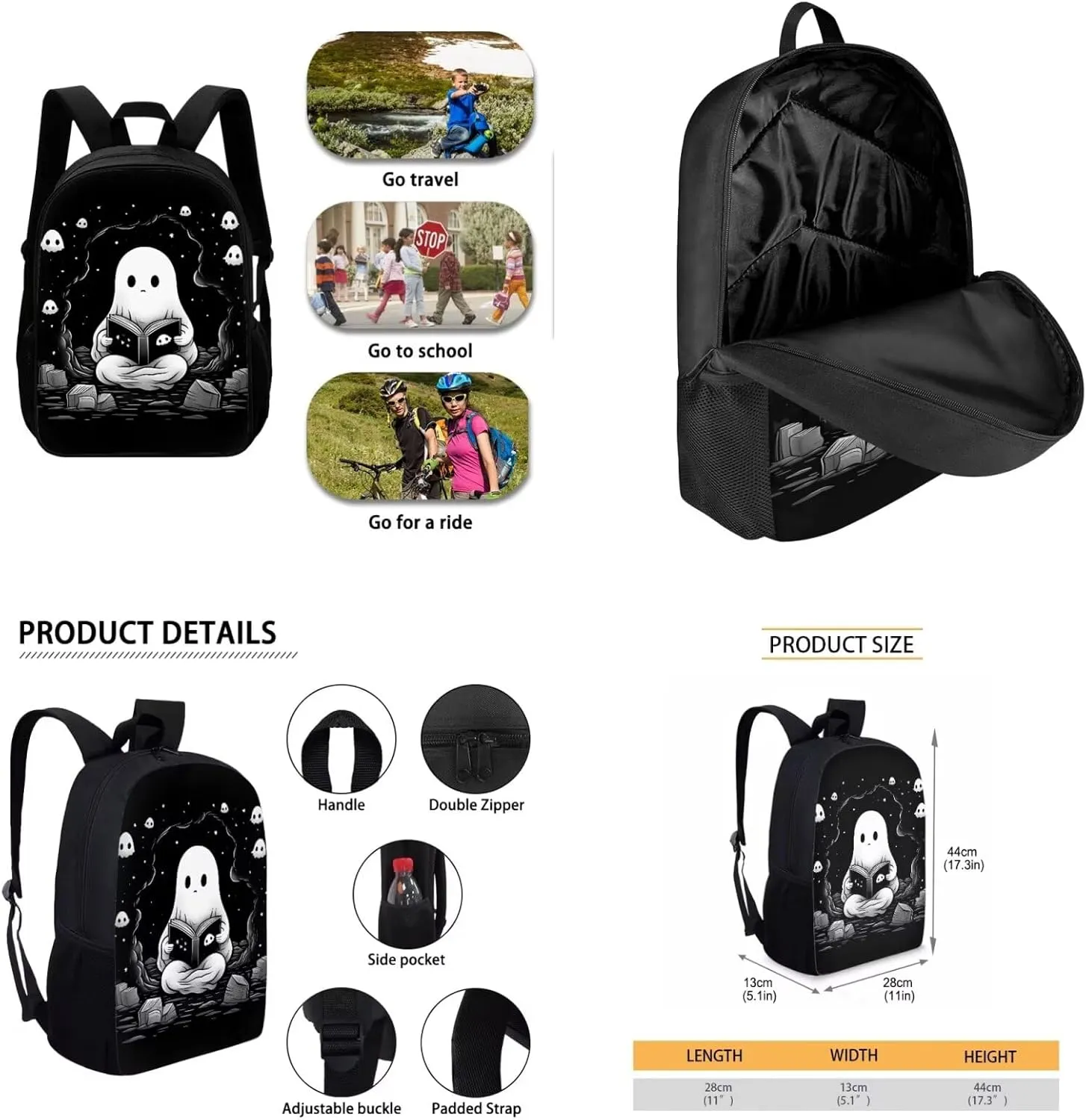 Ystardream Cute Ghost Backpack for Girls Middle School with Lunch Box and Pencil Case Pen Holder Lightweight School Bookbag for Teens Girls Boys 4 in 1 for Kids School Bag Book Bag Set 17 inch