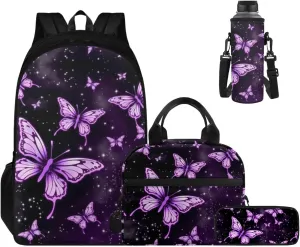 Ystardream Elementary Backpack for Kids Purple Butterfly School Backpack for Girls with Lunch Box Pencil Case Water Bottle Sleeve 4 in 1 School Bag Set for Kids Girls for School Boobag,17 inch