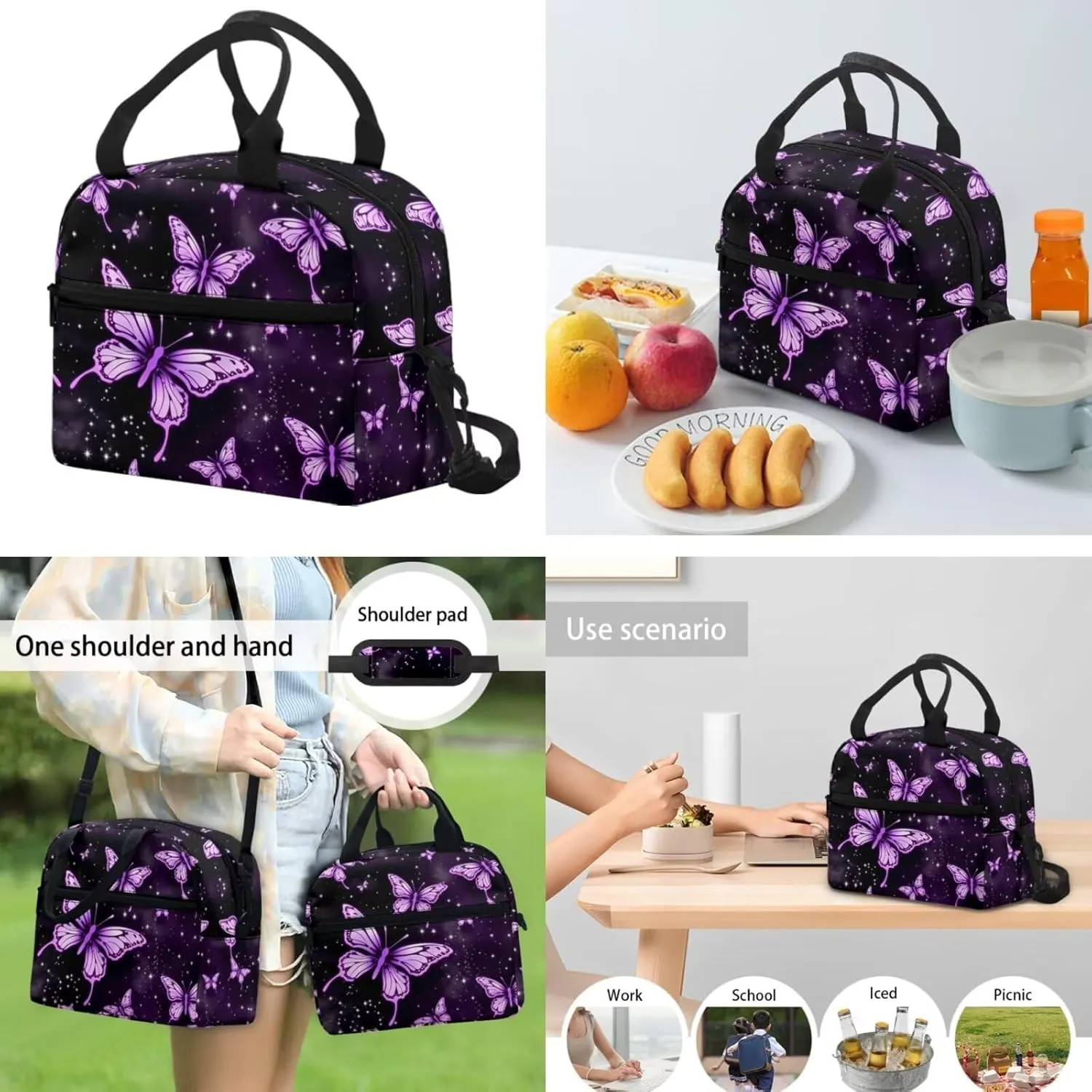 Ystardream Elementary Backpack for Kids Purple Butterfly School Backpack for Girls with Lunch Box Pencil Case Water Bottle Sleeve 4 in 1 School Bag Set for Kids Girls for School Boobag,17 inch