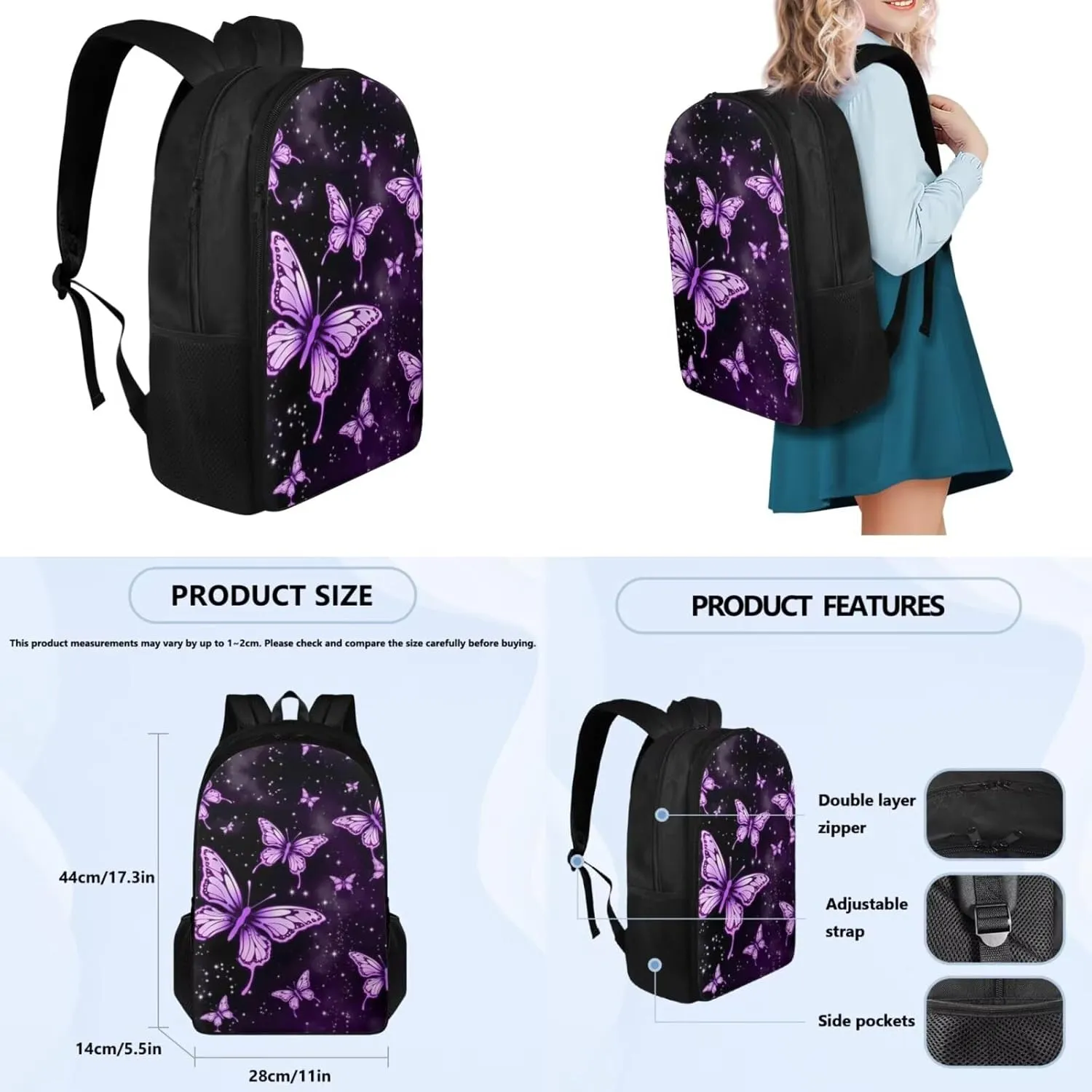 Ystardream Elementary Backpack for Kids Purple Butterfly School Backpack for Girls with Lunch Box Pencil Case Water Bottle Sleeve 4 in 1 School Bag Set for Kids Girls for School Boobag,17 inch