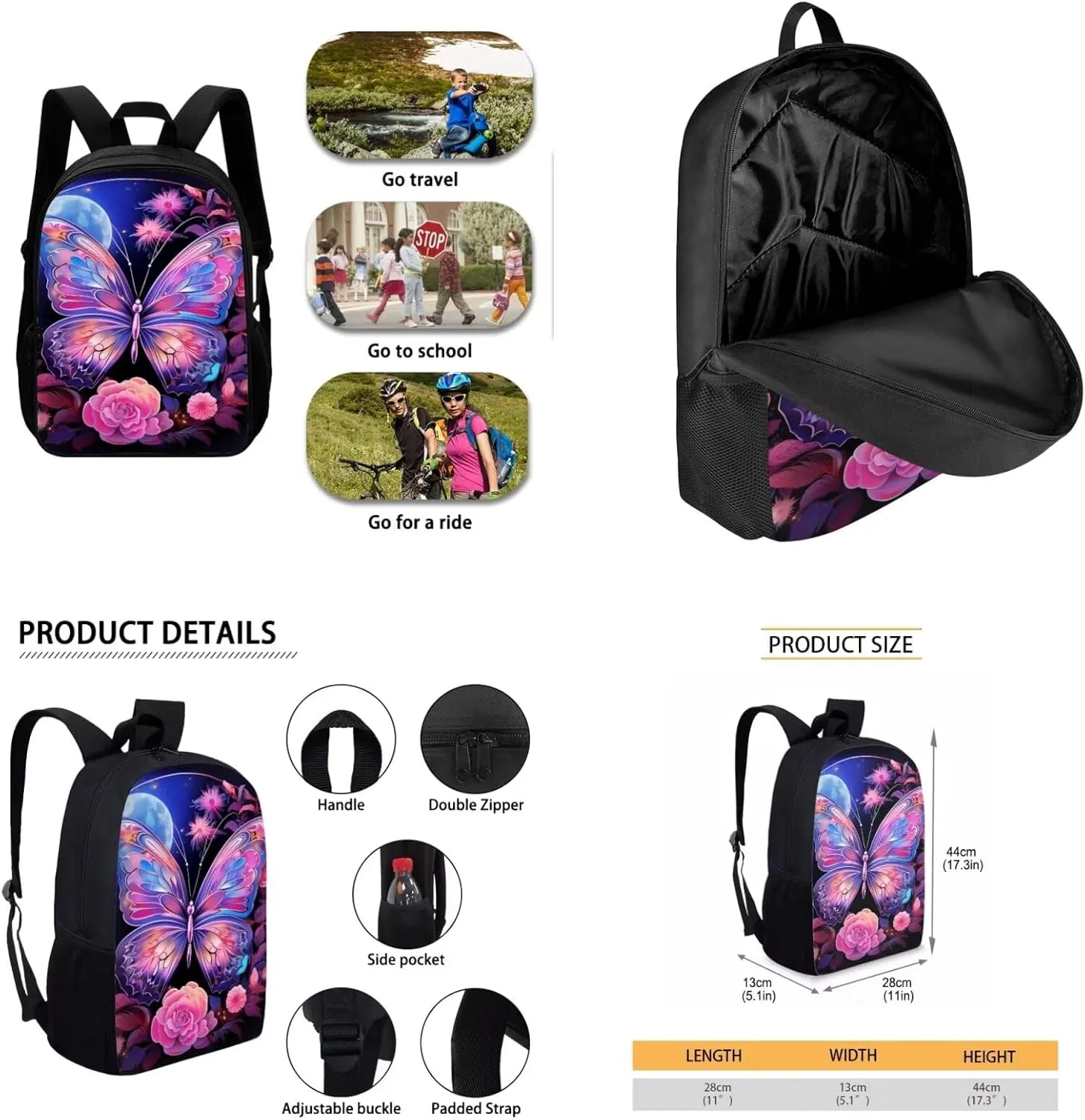 Ystardream Fashion Butterfly Backpack for School Girls Bookbag With Lunch Box Middle School Backpack for Teens Children Elementary Middle School Student,Waterproof School Bag Set with Pen Holder