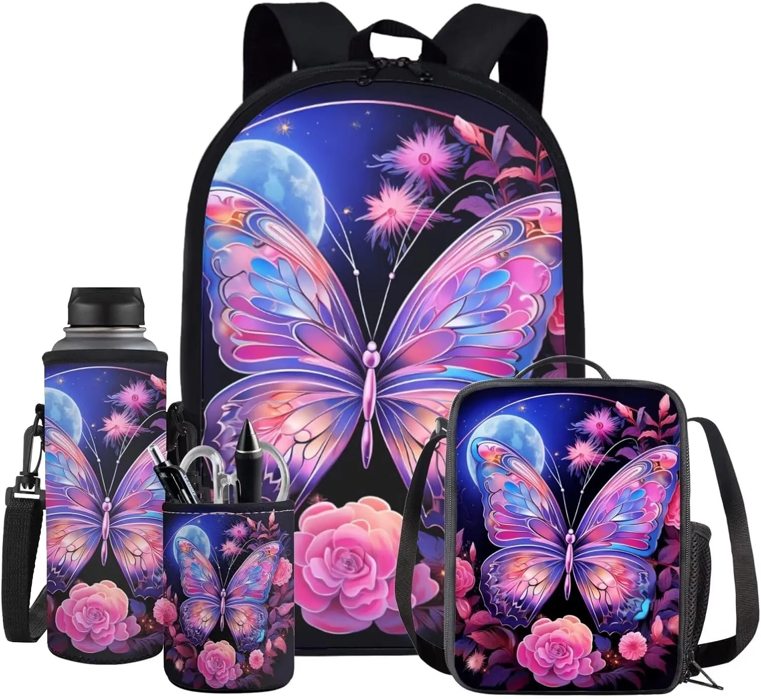 Ystardream Fashion Butterfly Backpack for School Girls Bookbag With Lunch Box Middle School Backpack for Teens Children Elementary Middle School Student,Waterproof School Bag Set with Pen Holder