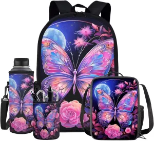 Ystardream Fashion Butterfly Backpack for School Girls Bookbag With Lunch Box Middle School Backpack for Teens Children Elementary Middle School Student,Waterproof School Bag Set with Pen Holder