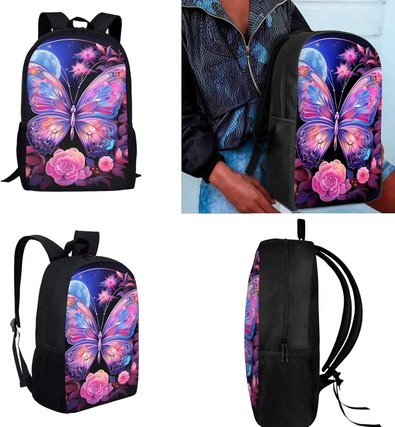 Ystardream Fashion Butterfly Backpack for School Girls Bookbag With Lunch Box Middle School Backpack for Teens Children Elementary Middle School Student,Waterproof School Bag Set with Pen Holder