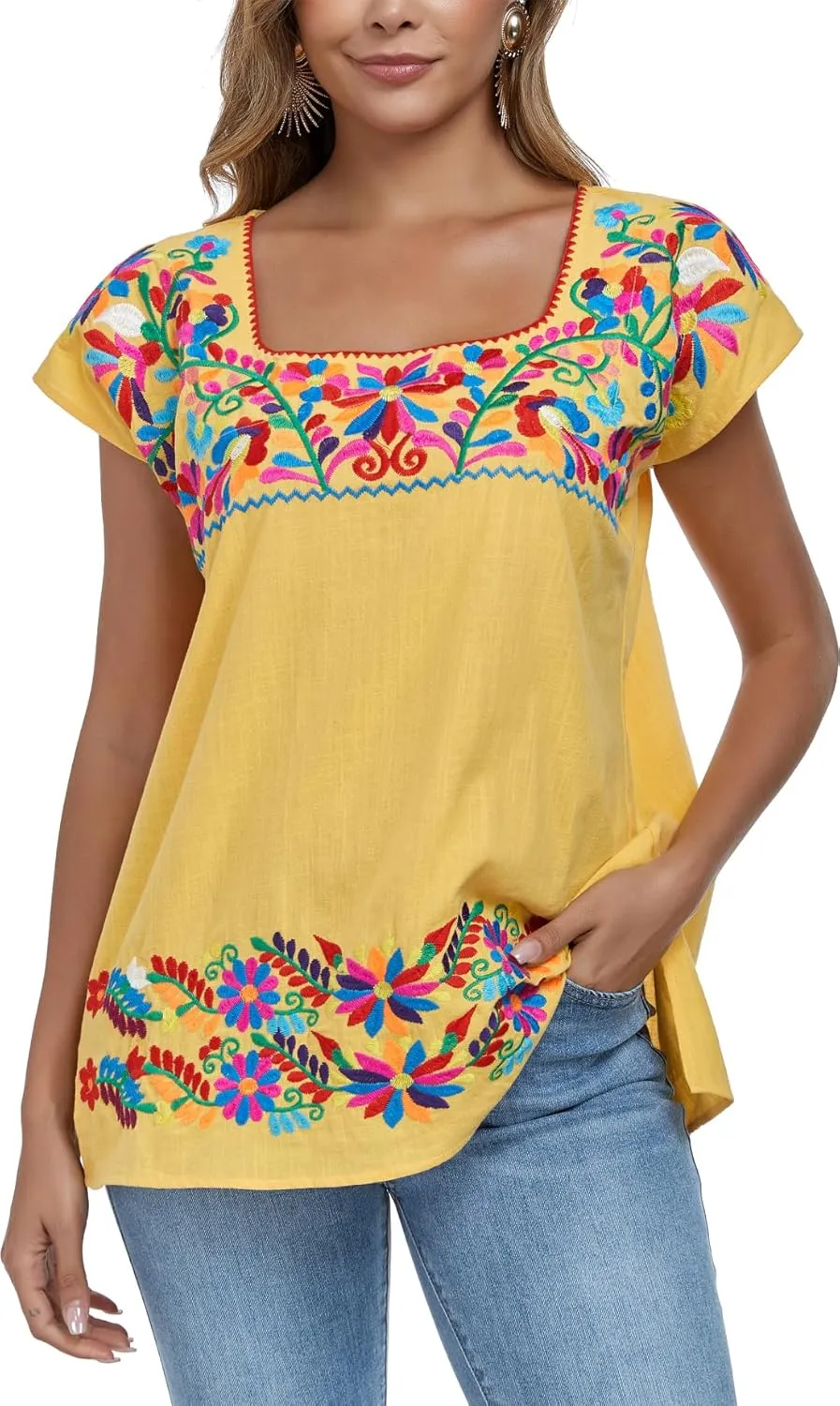 YZXDORWJ Women's Mexican Shirts Peasant Blouses Embroidered Sleeveless Boho Summer Shirt Fiesta Party Fashion Tank Top