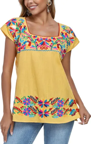 YZXDORWJ Women's Mexican Shirts Peasant Blouses Embroidered Sleeveless Boho Summer Shirt Fiesta Party Fashion Tank Top
