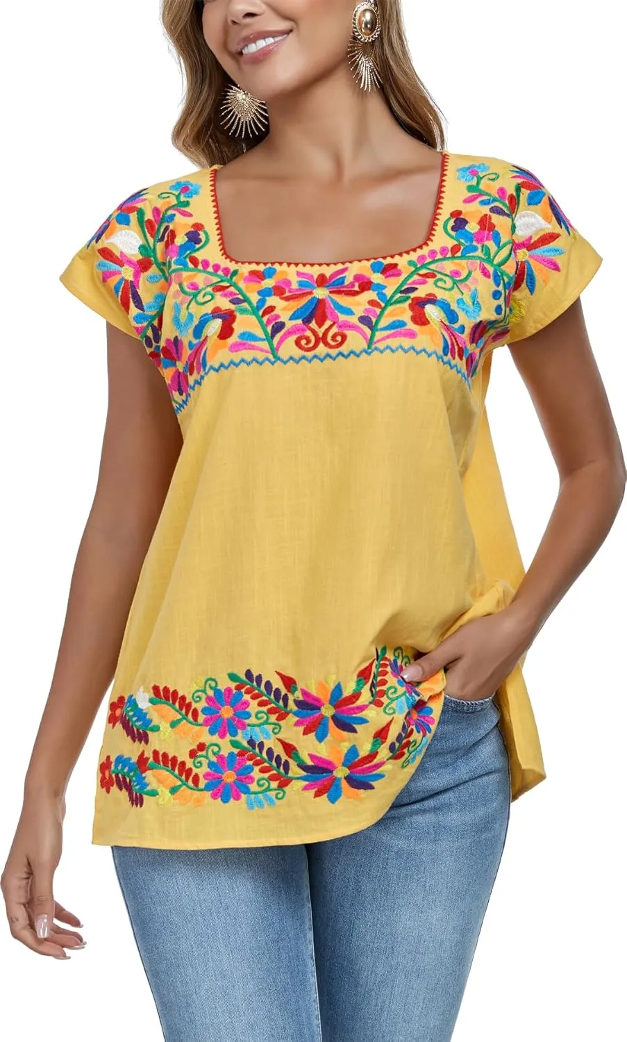 YZXDORWJ Women's Mexican Shirts Peasant Blouses Embroidered Sleeveless Boho Summer Shirt Fiesta Party Fashion Tank Top
