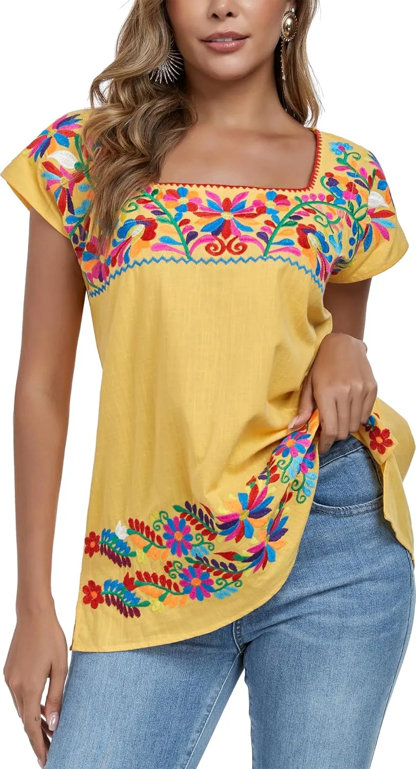 YZXDORWJ Women's Mexican Shirts Peasant Blouses Embroidered Sleeveless Boho Summer Shirt Fiesta Party Fashion Tank Top