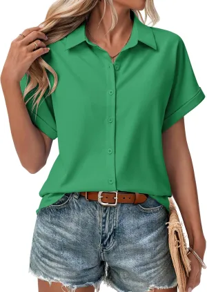 Zeagoo Short Sleeve Summer Tops for Women Casual Button Down Shirts Solid/Striped Business Work Blouses