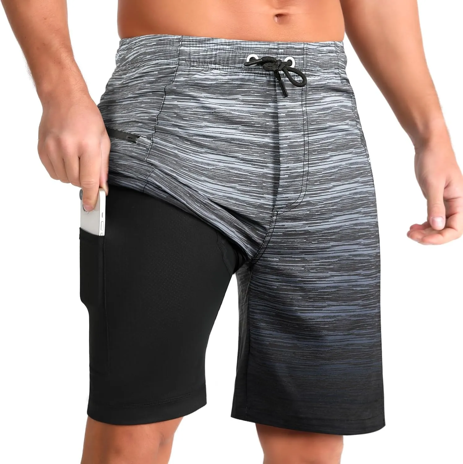 zeetoo Mens Swim Trunks with Compression Liner 9" Inseam Quick Dry Swim Shorts with Zipper Pockets Bathing Suit