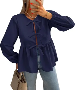 ZESICA Womens Tops Tie Front Long Puff Sleeve Button Peplum Babydoll Cute Shirts Spring Fashion Blouses