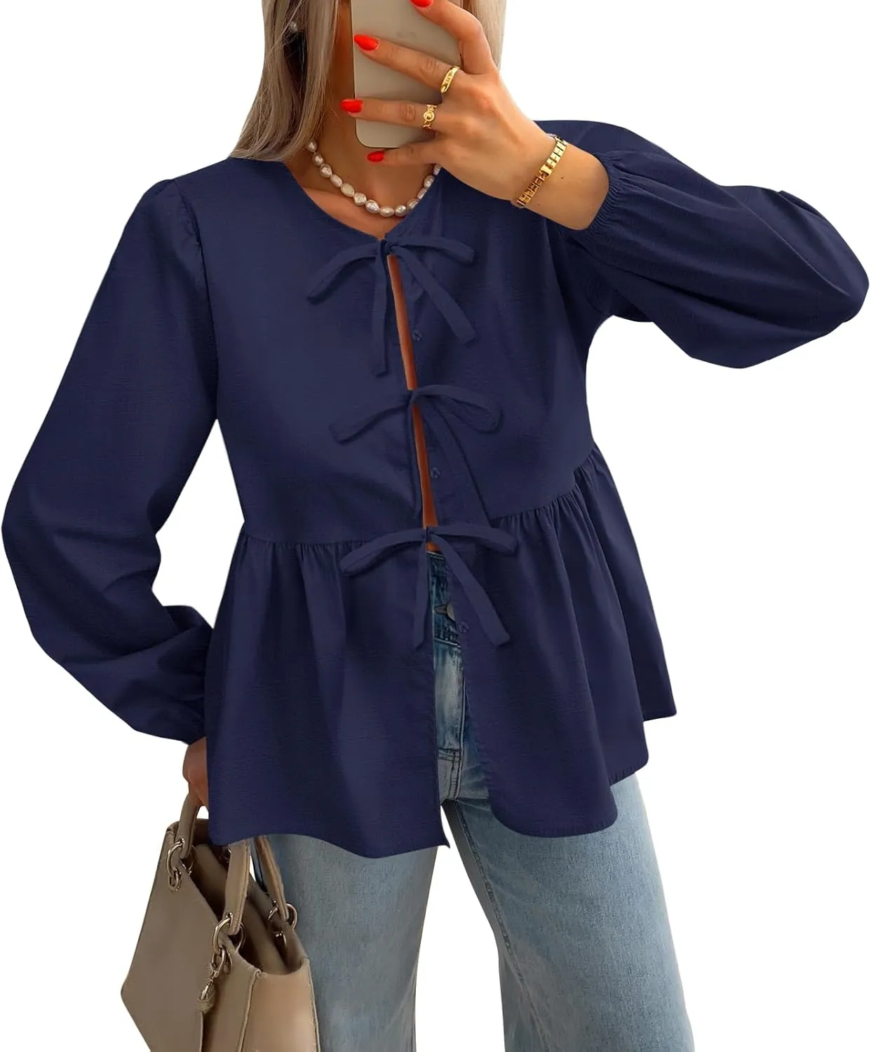 ZESICA Womens Tops Tie Front Long Puff Sleeve Button Peplum Babydoll Cute Shirts Spring Fashion Blouses
