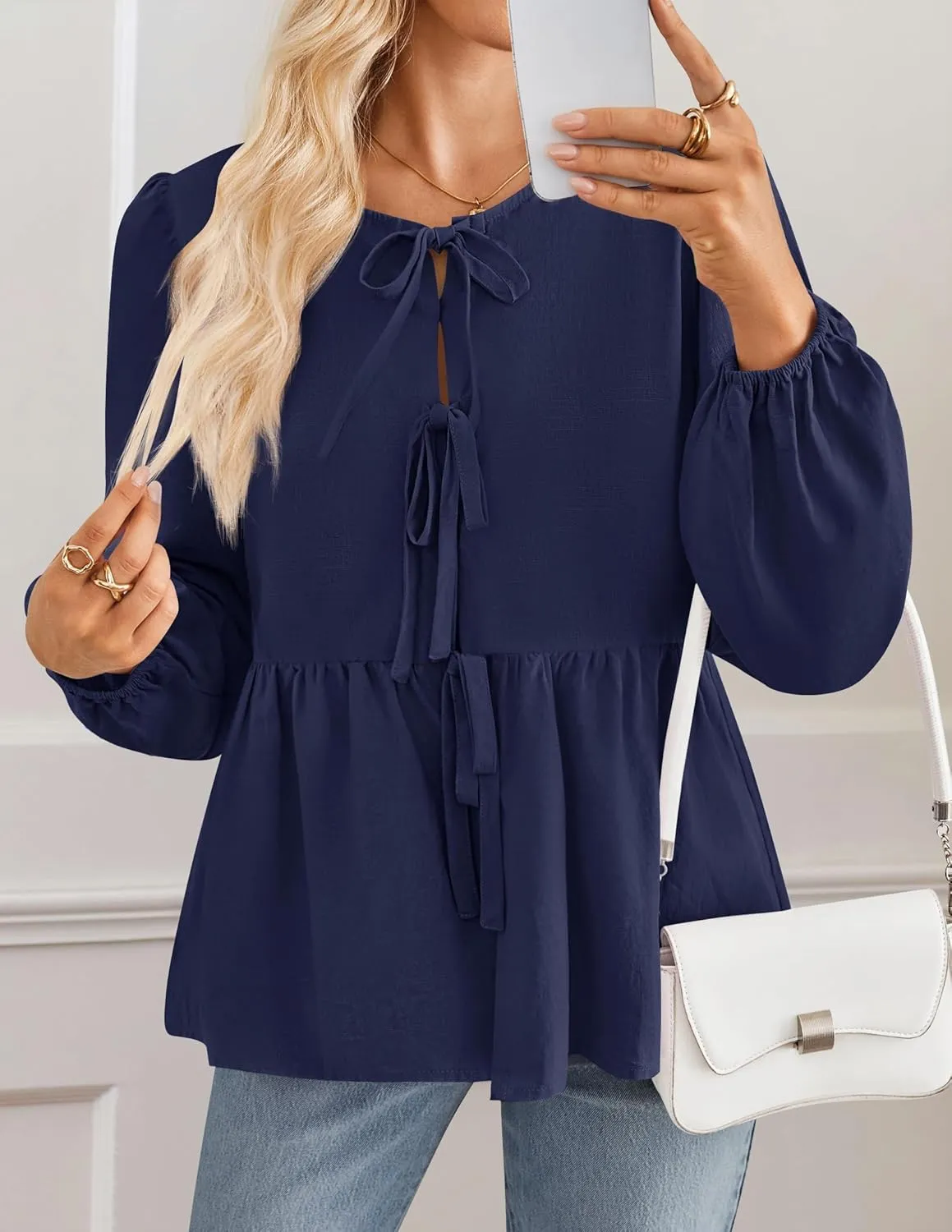 ZESICA Womens Tops Tie Front Long Puff Sleeve Button Peplum Babydoll Cute Shirts Spring Fashion Blouses