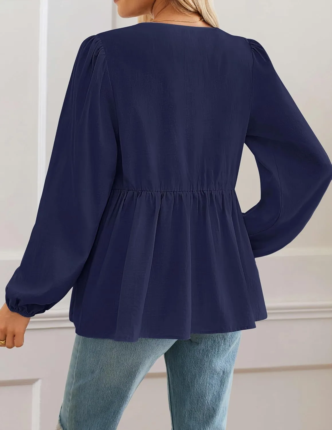 ZESICA Womens Tops Tie Front Long Puff Sleeve Button Peplum Babydoll Cute Shirts Spring Fashion Blouses