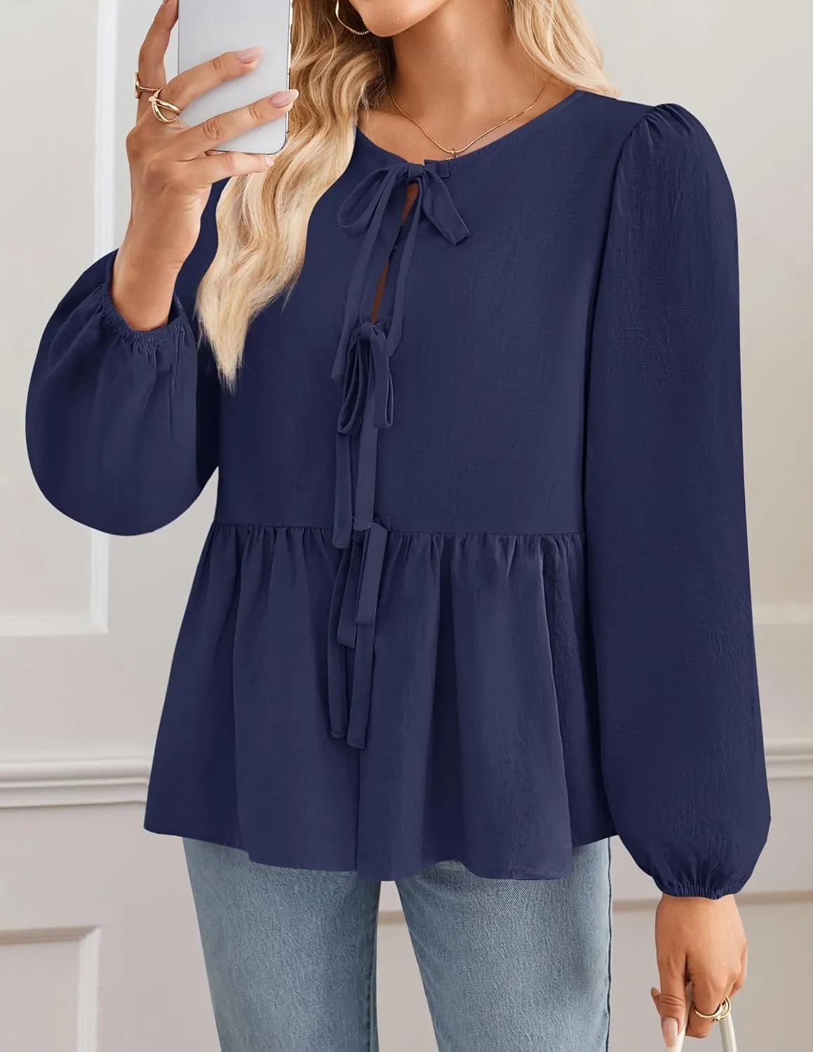 ZESICA Womens Tops Tie Front Long Puff Sleeve Button Peplum Babydoll Cute Shirts Spring Fashion Blouses