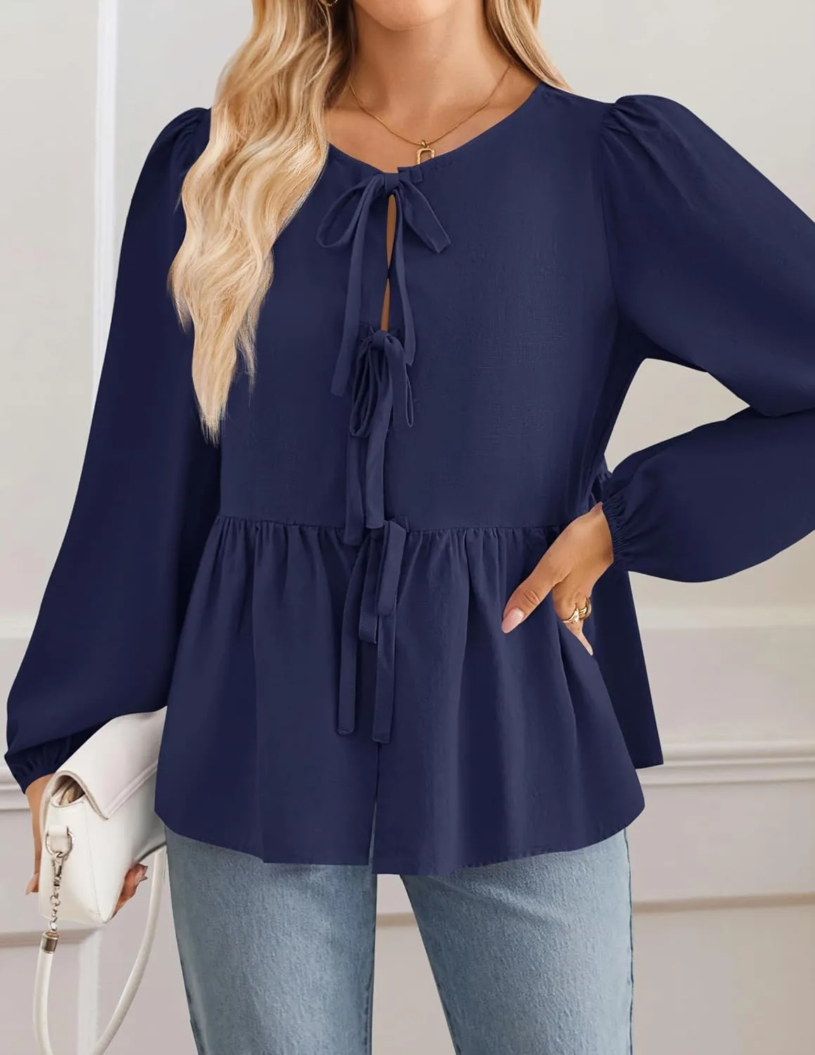 ZESICA Womens Tops Tie Front Long Puff Sleeve Button Peplum Babydoll Cute Shirts Spring Fashion Blouses