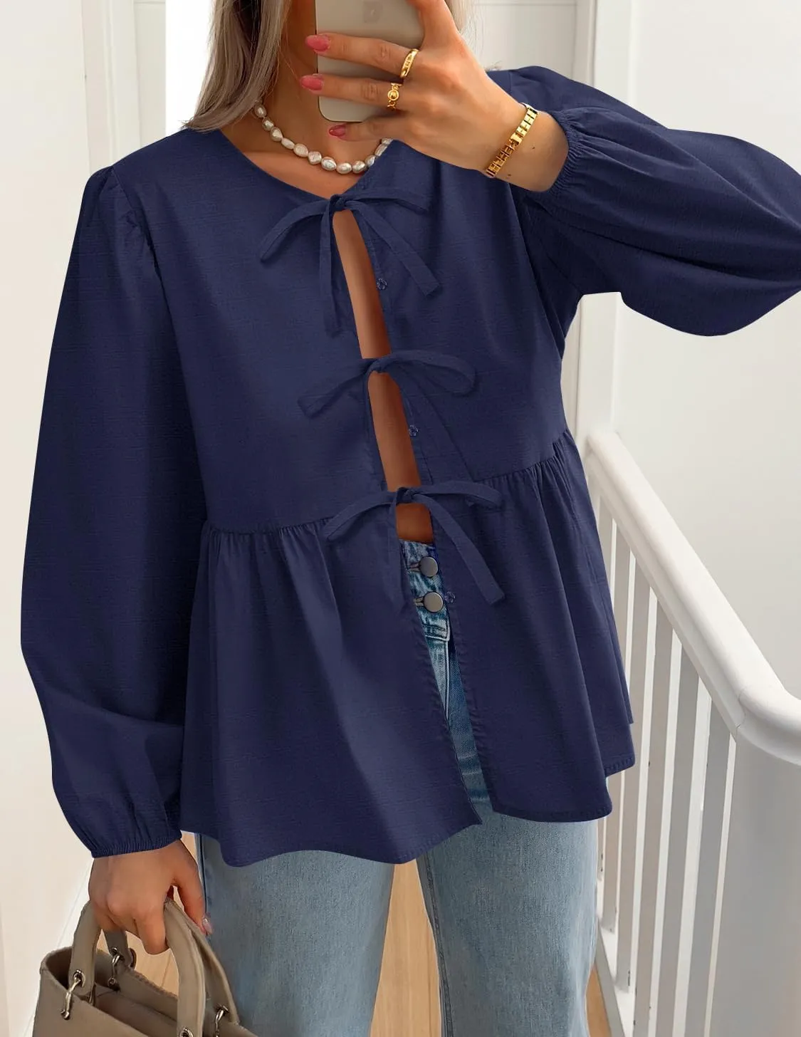 ZESICA Womens Tops Tie Front Long Puff Sleeve Button Peplum Babydoll Cute Shirts Spring Fashion Blouses