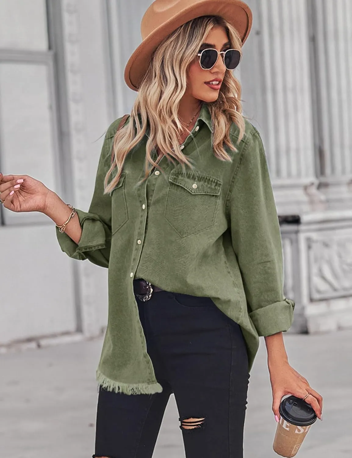 Zilcremo Women Denim Shirt Chambray Collared Jean Shirts Long Sleeve Pocket Button Down Blouses