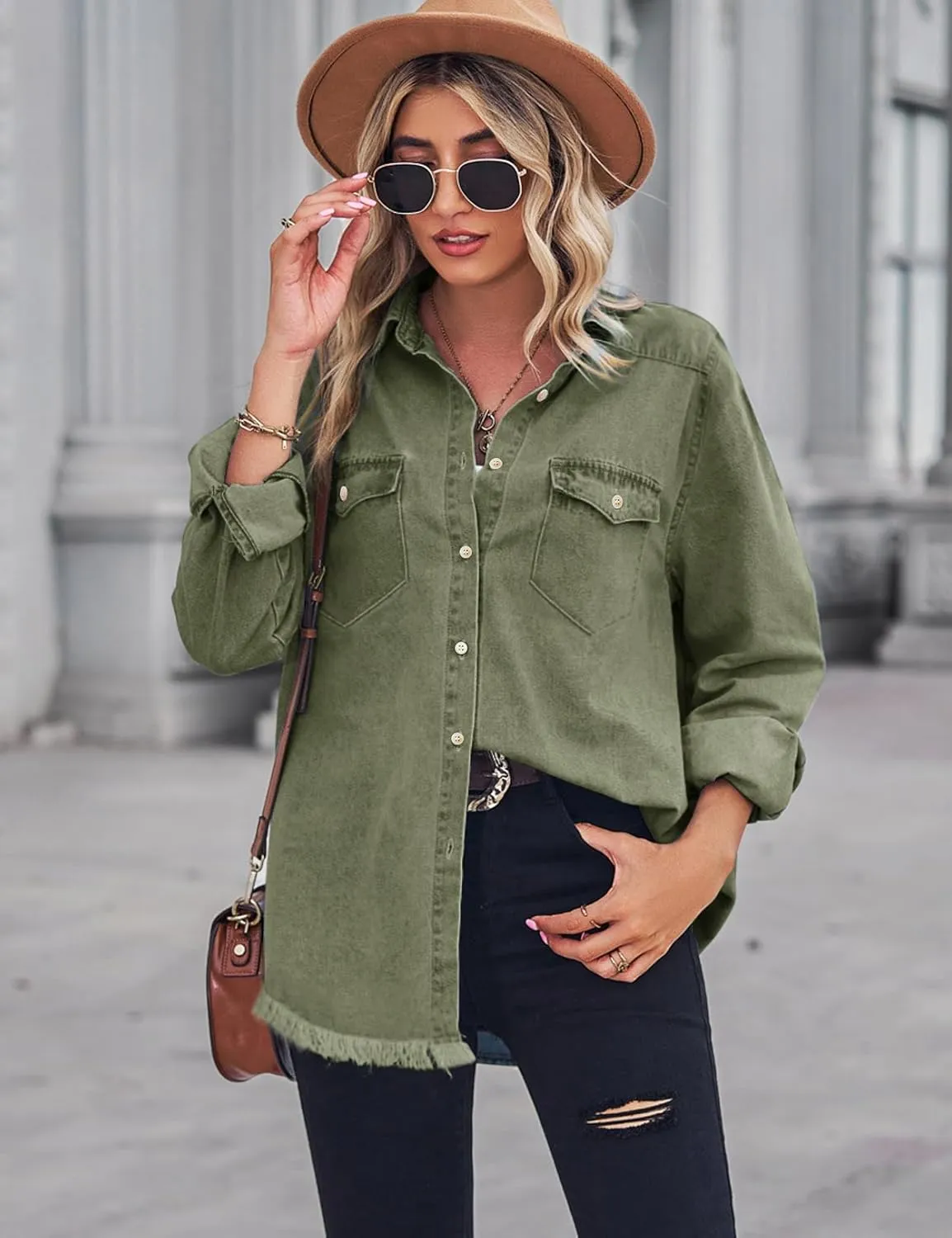 Zilcremo Women Denim Shirt Chambray Collared Jean Shirts Long Sleeve Pocket Button Down Blouses