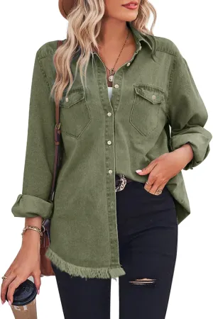Zilcremo Women Denim Shirt Chambray Collared Jean Shirts Long Sleeve Pocket Button Down Blouses
