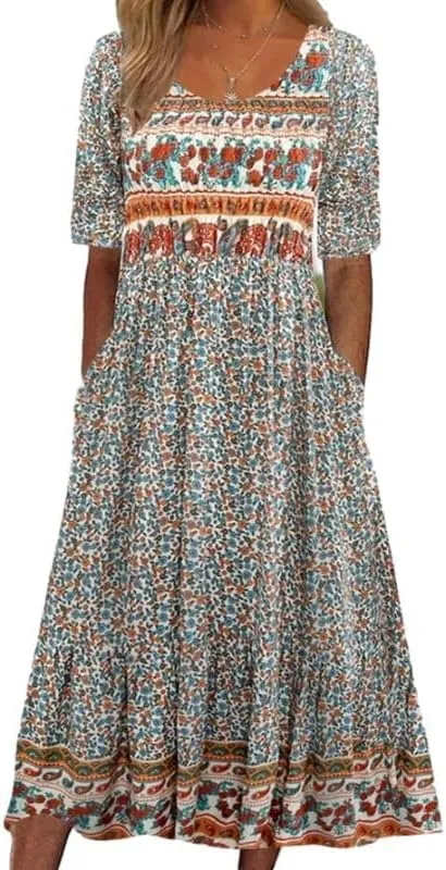 ZOCANIA Womens Peasant Dress Boho Ethnic Floral Print Maxi Dress Summer Casual Loose Fit Mexico Flowy Dresse with Pockets