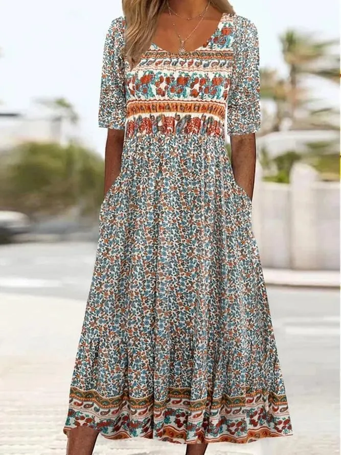 ZOCANIA Womens Peasant Dress Boho Ethnic Floral Print Maxi Dress Summer Casual Loose Fit Mexico Flowy Dresse with Pockets